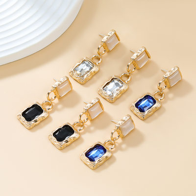 中古耳环欧美复古耳饰少女多层方形合金镶钻耳坠跨境earrings