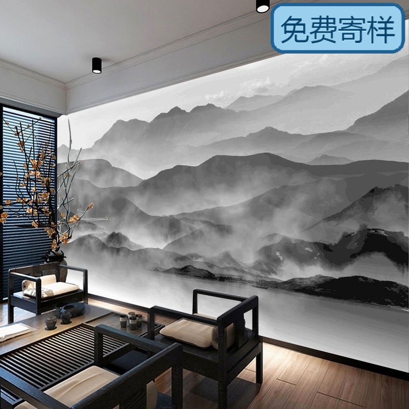 3d中式水墨黑白意境山水画墙纸客厅沙发电视背景墙画酒店墙布墙裙