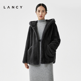 LANCY/朗姿2023秋冬时尚保暖水貂毛外套女高级感连帽皮草大衣