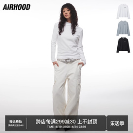 airhood2024复古基础款，春季刺绣长袖棉质，t恤女圆领紧身打底上衣