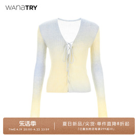 wanatry蓝黄色渐变绑带流浪感针织上衣春季毛衣显瘦气质女装