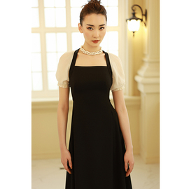 绝色高级质感黑色礼服裙轻奢小众高端气质名媛法式方领连衣裙长裙