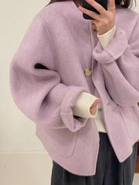 反季宽松紫色圆领短款双面羊绒大衣女，小香风小个子羊毛呢外套2023
