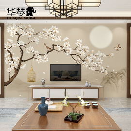 新中式玉兰花鸟背景墙壁画，花好月圆喜上眉梢墙纸壁纸墙布客厅卧室