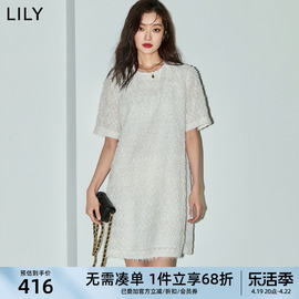 LILY2024夏女装浪漫气质流苏短袖中长款连衣裙小白裙小个子女