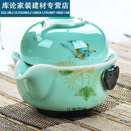 手绘青瓷快客杯特j色，茶具一壶一杯旅行可携式陶瓷盖碗功夫茶具套