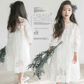 韩版童装春秋夏季款短袖女童，蕾丝连衣裙长袖中大童，裙子白色公主裙