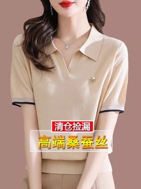 桑蚕丝短袖t恤女夏季年轻妈妈漂亮小衫polo翻领洋气大码上衣