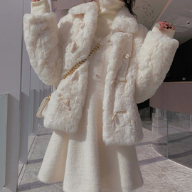 羊羔毛皮草(毛皮草)外套，女短款年轻款2022秋冬白色，牛角扣仿獭兔毛大衣