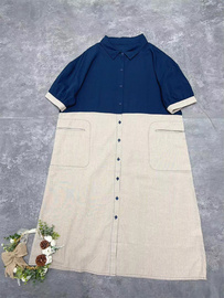 日单假两件撞色拼接短袖连衣裙女2024夏季Polo领纯棉中长裙