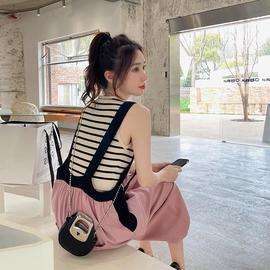 韩国粉色背带裤女设计感小众夏季韩版宽松洋气减龄气质阔腿连体裤