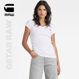 g-starraw2024春新eyben汗布，修身女士v领短袖，t恤logo刺绣d21314