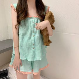 G吊带睡衣女夏季套装夏天可爱小清新凉快纯棉宽松韩版家居服两件