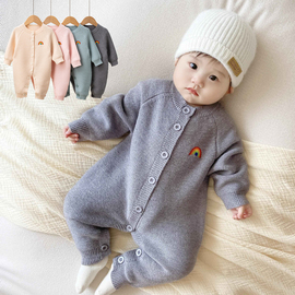 婴儿连体毛衣春秋宝宝长袖哈衣男女童针织线衣套装，新生满月外出服