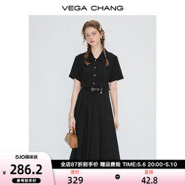 VEGA CHANG黑色连衣裙女2024年夏季设计感显瘦气质百褶衬衫裙