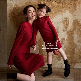 红色拜年装国风新中式亲子装仿羊绒女童旗袍针织连衣裙母女毛衣裙