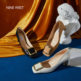 Nine West/玖熙高跟鞋女粗跟气质春季牛皮方扣浅口时尚单鞋