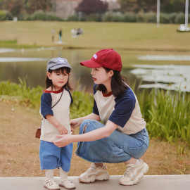 简约亲子装一家三口2024夏纯棉(夏纯棉)插肩短袖t恤母女母子班服