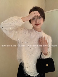 alive moment绝美蕾丝打底衫年会穿搭秋冬时尚气质重工亮片小衫女