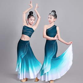 儿童傣族舞蹈演出服女童傣族服装孔雀舞包臀鱼尾裙少儿民族表演服
