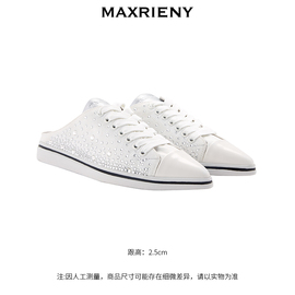 maxrieny2023春季女鞋百搭小白鞋，牛皮闪钻尖头后空，帆布拖鞋