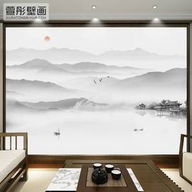 简约现代新中式意境水墨山水，墙纸壁画沙发电视，背景墙壁纸无缝墙布