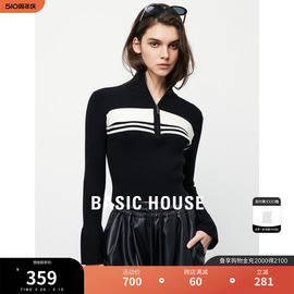 Basic House/百家好针织衫女春季设计感小众拉链毛衣撞色