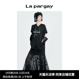 Lapargay纳帕佳2024夏季女装黑白色裙子拼接连帽印花连衣裙潮