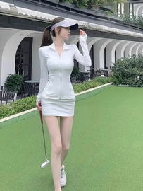 韩版高尔夫网球女装夏季修身防晒上衣golf性感冰丝包臀短裙裤套装