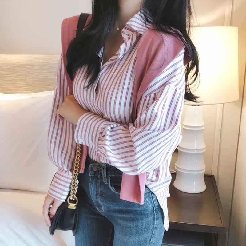 韩国早秋港味复古竖条纹长袖衬衫加披肩设计感真假两件套装女|ruв категории Женская одежда, рубашка - от Buy2taobao.com для оказания профессиональной услуги покупки агента Taobao
