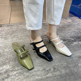 首尔留学生高跟拖鞋女夏外穿方头浅口双层皮带扣OL细中跟包头半拖