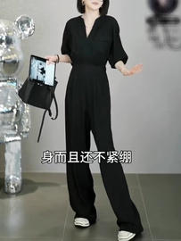 气质感简约长袖连体裤女2024年春夏西服，领纯色拼接高腰阔腿裤