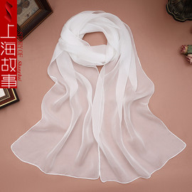 上海故事真丝白色丝巾长条夏季防晒雪纺白纱巾(白纱巾)蚕桑丝围巾时尚领巾