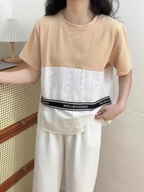 2024夏季韩版后背蕾丝拼接短袖T恤前短后长宽松休闲显瘦女装