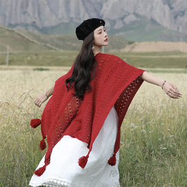 针织披肩女春秋季外搭酒，红色保暖新疆西藏大西北草原沙漠旅游穿搭