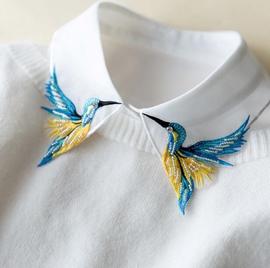 钉珠蓝鸟刺绣假领子女衬衫，秋冬百搭假领，白色毛衣装饰领衬衣领