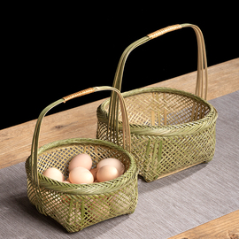 手工竹编小提篮水果篮鸡蛋，筐手提篮圆形菜篮子，家用竹工艺制品
