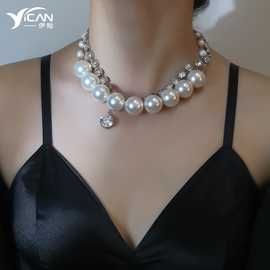 时髦水钻夸张项链，女2023年锆石珍珠锁骨链小众，设计感欧美颈链