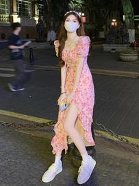 夏装女装高级感套装碎花方领开叉氛围感连衣裙女春季2024收腰