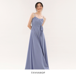 TANSSHOP简约褶皱腰部吊带礼服裙 三色长裙飘逸长绑带A字连衣裙女