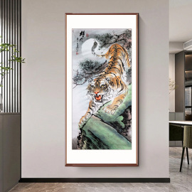 猛虎下山图国画玄关装饰画，走廊过道壁画办公室背景墙挂画手绘真迹