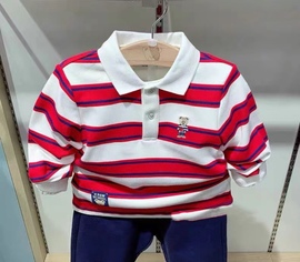 24春款男童熊宝棉条纹，polo衫t恤红色