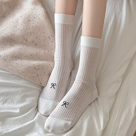 白色蝴蝶结袜子女夏季薄款时尚百搭基础款简约棉质黑色中筒袜
