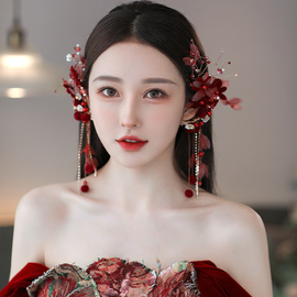 新娘礼服头饰韩式超仙美酒红色花朵耳挂森系甜美头花敬酒服配饰品