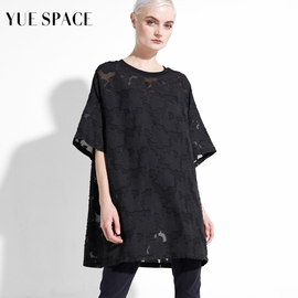 yuespace蕾丝衫镂空套头衫，女春夏休闲t恤时尚小衫黑色宽松中长款