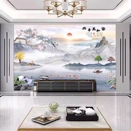 中式花鸟山水电视背景墙壁纸，现代简约影视墙壁布墙纸客厅壁画