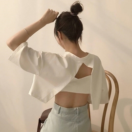韩版宽松小心机白色短款短袖T恤女学生性感露背打底衫体恤上衣夏