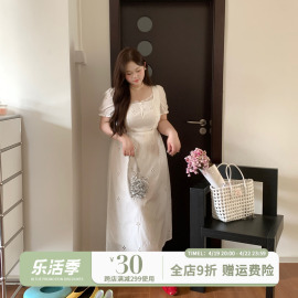 徐达布微胖大码定制短袖白色连衣裙女装2024春夏蕾丝边方领长裙子