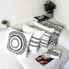摩洛哥风全棉帆布印花黑白时尚家居客厅，方靠垫(方靠垫，)靠枕抱枕套45cm