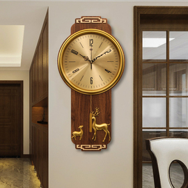 中国风复古实木挂钟客厅，家用时尚实木摇摆钟表，中式现代简约石英钟
